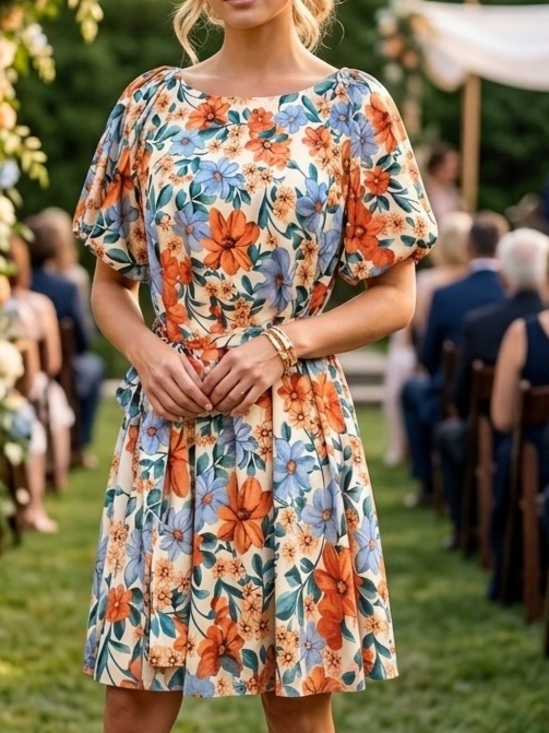Umgee Dresses & Skirts - NWT Umgee Cream Floral Tie-Waist Mini Dress with Orange & Blue Blooms